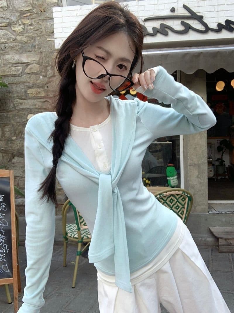 모달 사람들 면 패치워크 페이크 레이어드 리본 긴팔 티셔츠 여성 가을 몸매 가꾸기 배색 기본 셔츠 맨위 상세 이미지 3