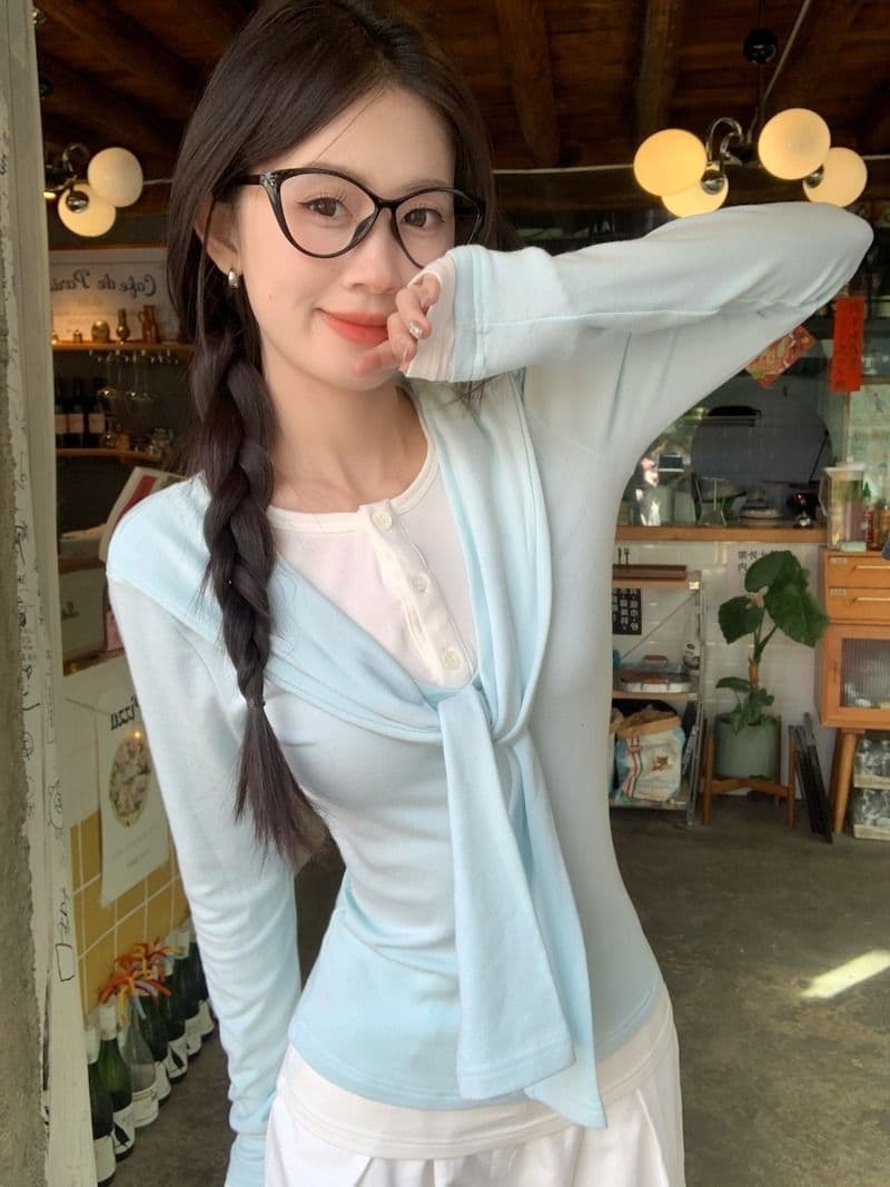 모달 사람들 면 패치워크 페이크 레이어드 리본 긴팔 티셔츠 여성 가을 몸매 가꾸기 배색 기본 셔츠 맨위 상세 이미지 12