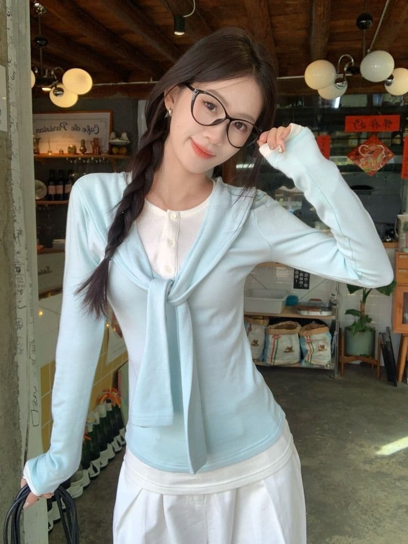 모달 사람들 면 패치워크 페이크 레이어드 리본 긴팔 티셔츠 여성 가을 몸매 가꾸기 배색 기본 셔츠 맨위 상세 이미지 16