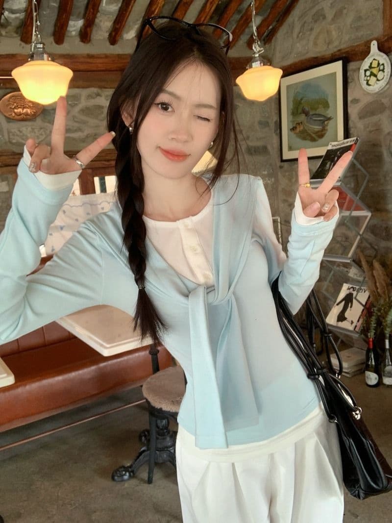 모달 사람들 면 패치워크 페이크 레이어드 리본 긴팔 티셔츠 여성 가을 몸매 가꾸기 배색 기본 셔츠 맨위 상세 이미지 19