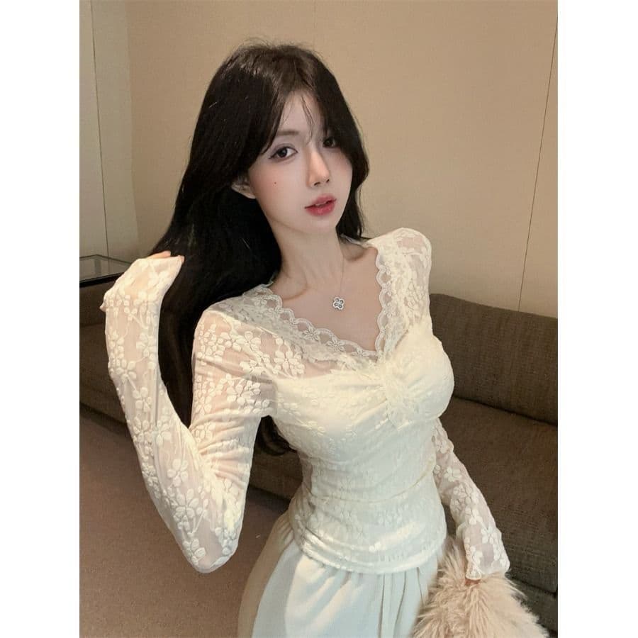 있음 선적 원본 원단 순수한 욕망 섹시함 V넥 홀로우 아웃 맨위 여성 가을 작은 샤넬 스타일 레이스 기본 셔츠 인사이드 가져 가라. 이미지 2