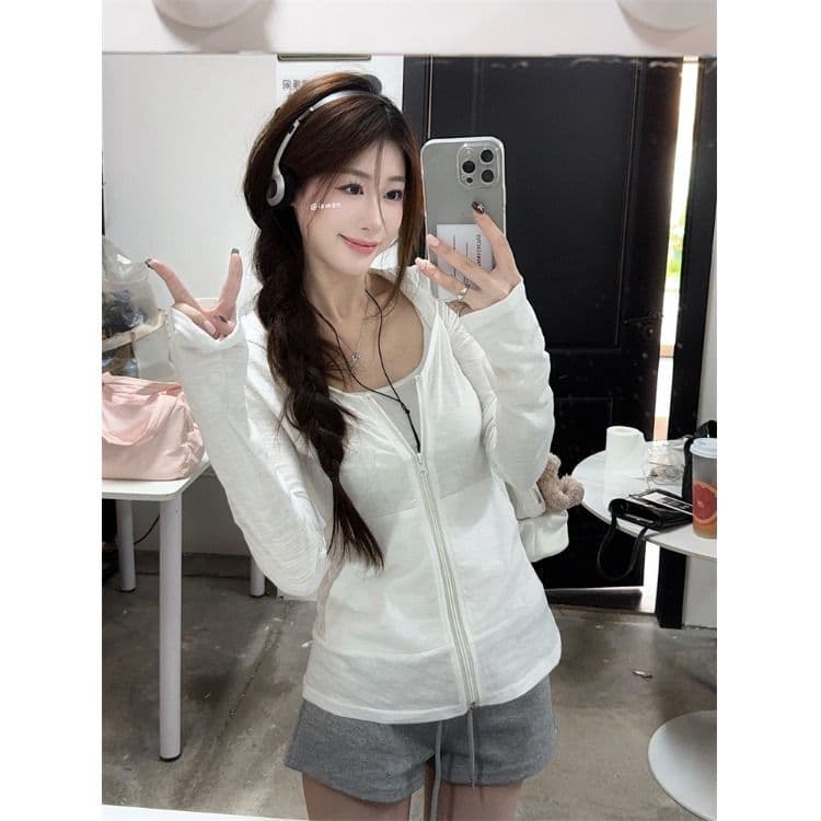 순면 대나무 마디 후드 긴팔 자외선 차단 여성 코트 가을 몸매 가꾸기 얇은 스타일 오픈 가디건 느긋한 바람 지퍼 맨위