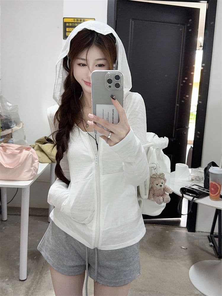 순면 대나무 마디 후드 긴팔 자외선 차단 여성 코트 가을 몸매 가꾸기 얇은 스타일 오픈 가디건 느긋한 바람 지퍼 맨위 상세 이미지 3