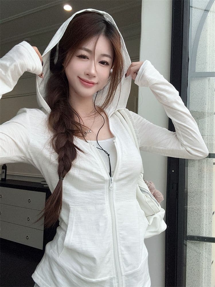 순면 대나무 마디 후드 긴팔 자외선 차단 여성 코트 가을 몸매 가꾸기 얇은 스타일 오픈 가디건 느긋한 바람 지퍼 맨위 상세 이미지 4