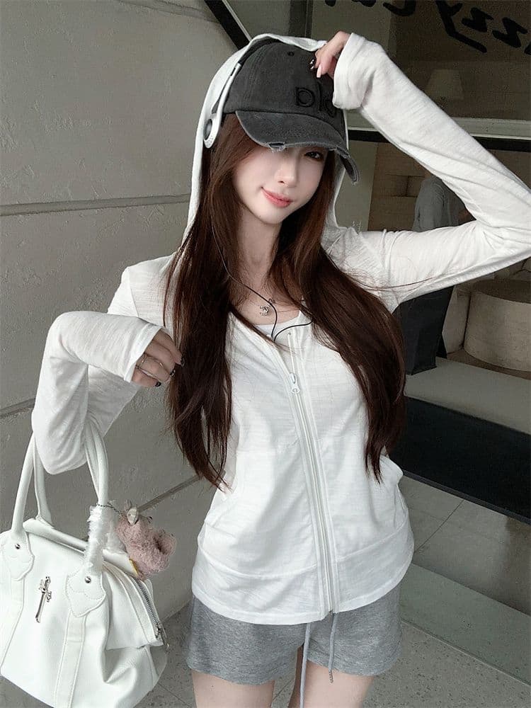 순면 대나무 마디 후드 긴팔 자외선 차단 여성 코트 가을 몸매 가꾸기 얇은 스타일 오픈 가디건 느긋한 바람 지퍼 맨위 상세 이미지 5