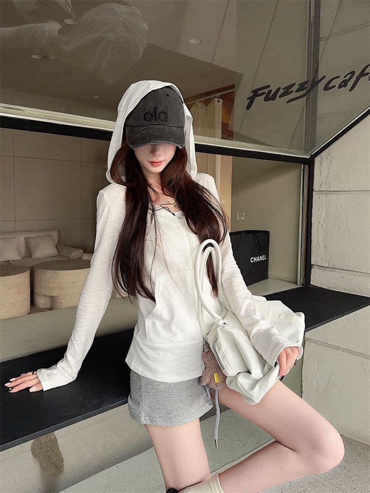 순면 대나무 마디 후드 긴팔 자외선 차단 여성 코트 가을 몸매 가꾸기 얇은 스타일 오픈 가디건 느긋한 바람 지퍼 맨위 상세 이미지 10