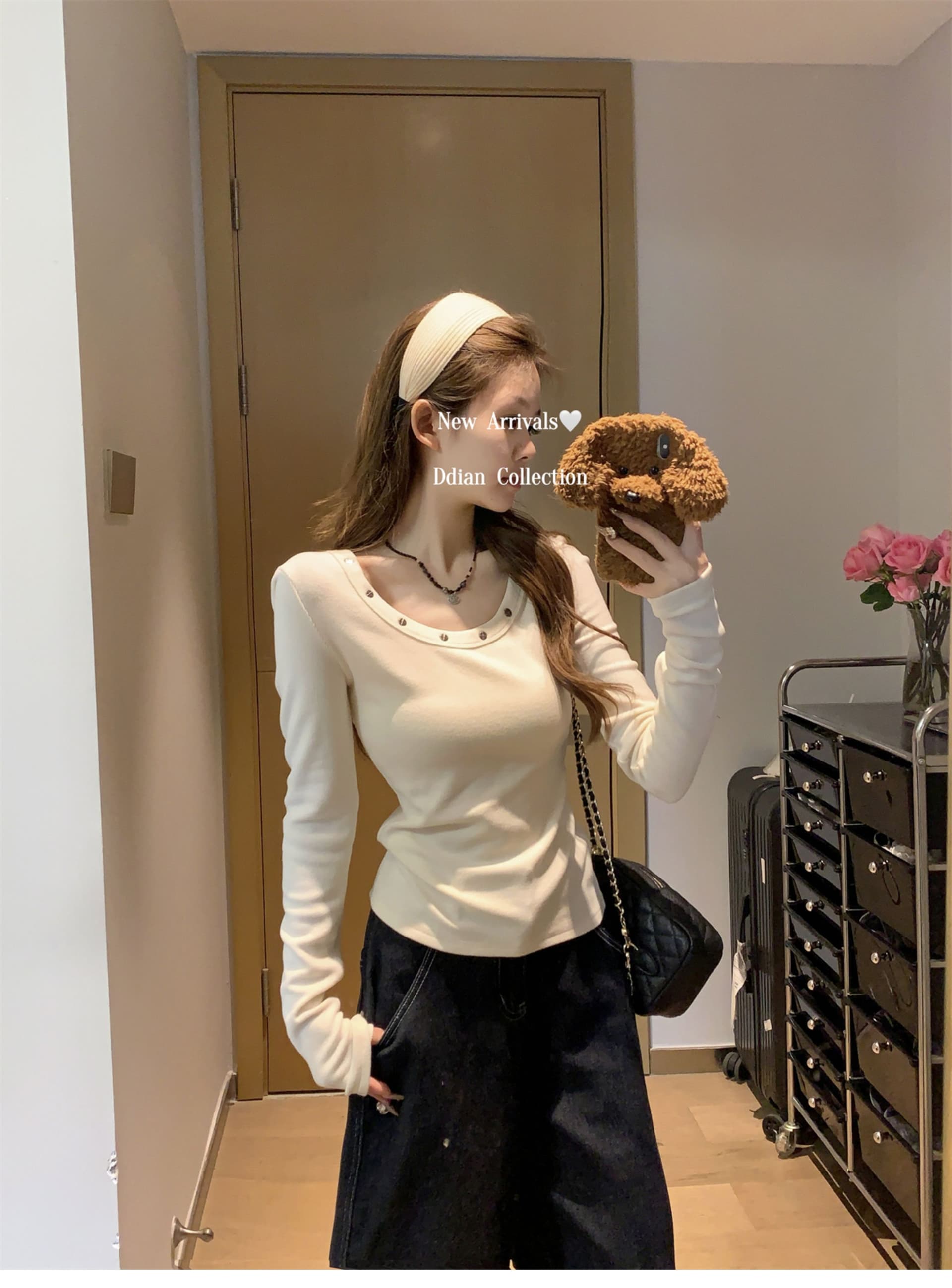 있음 선적 리브 De 플러시 낮음 라운드 넥 징 디자인 양모 기본 셔츠 여성 가을 몸매 가꾸기 슬림해 보이는 긴팔 맨위 상세 이미지 7
