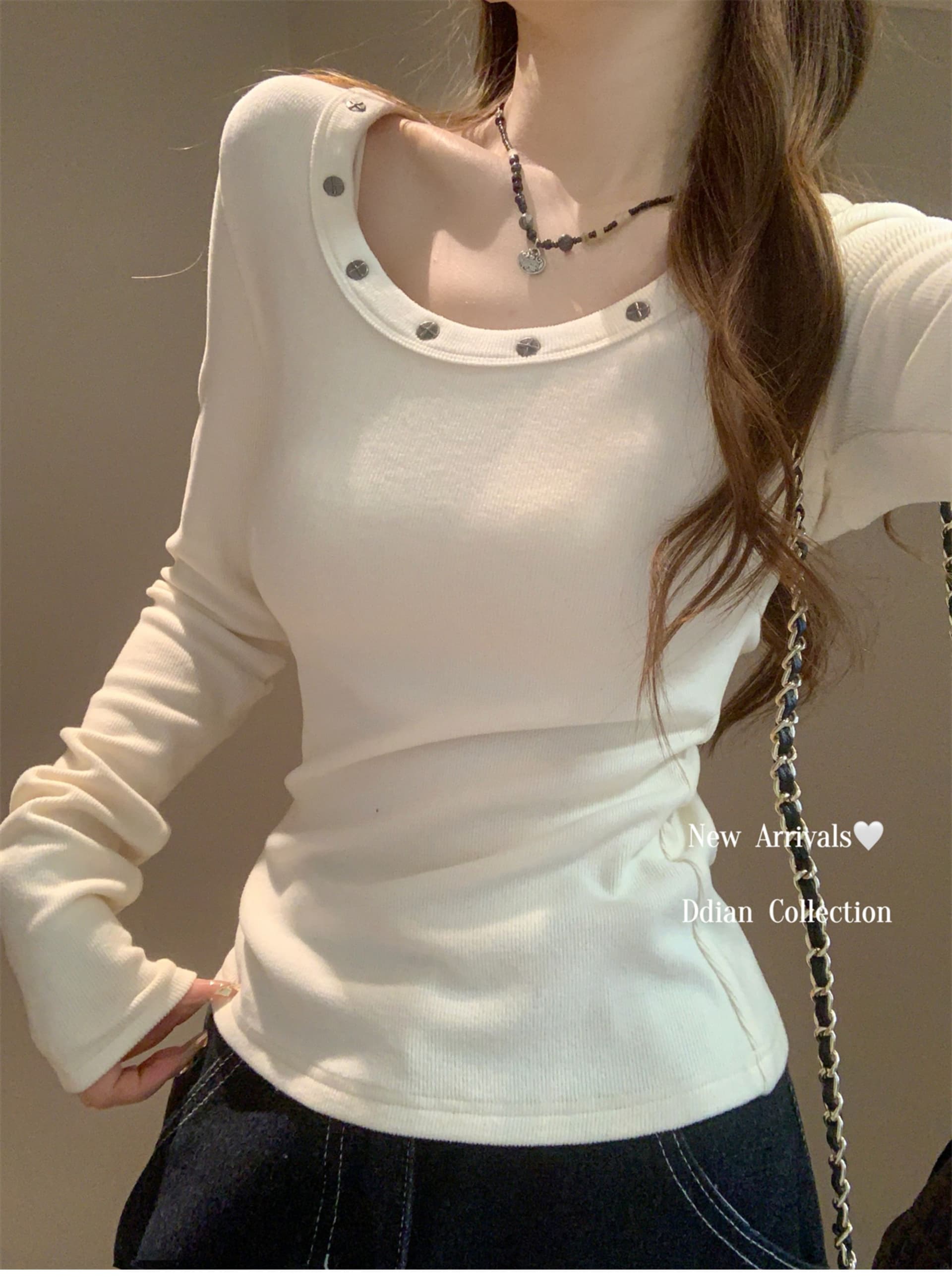 있음 선적 리브 De 플러시 낮음 라운드 넥 징 디자인 양모 기본 셔츠 여성 가을 몸매 가꾸기 슬림해 보이는 긴팔 맨위 상세 이미지 12