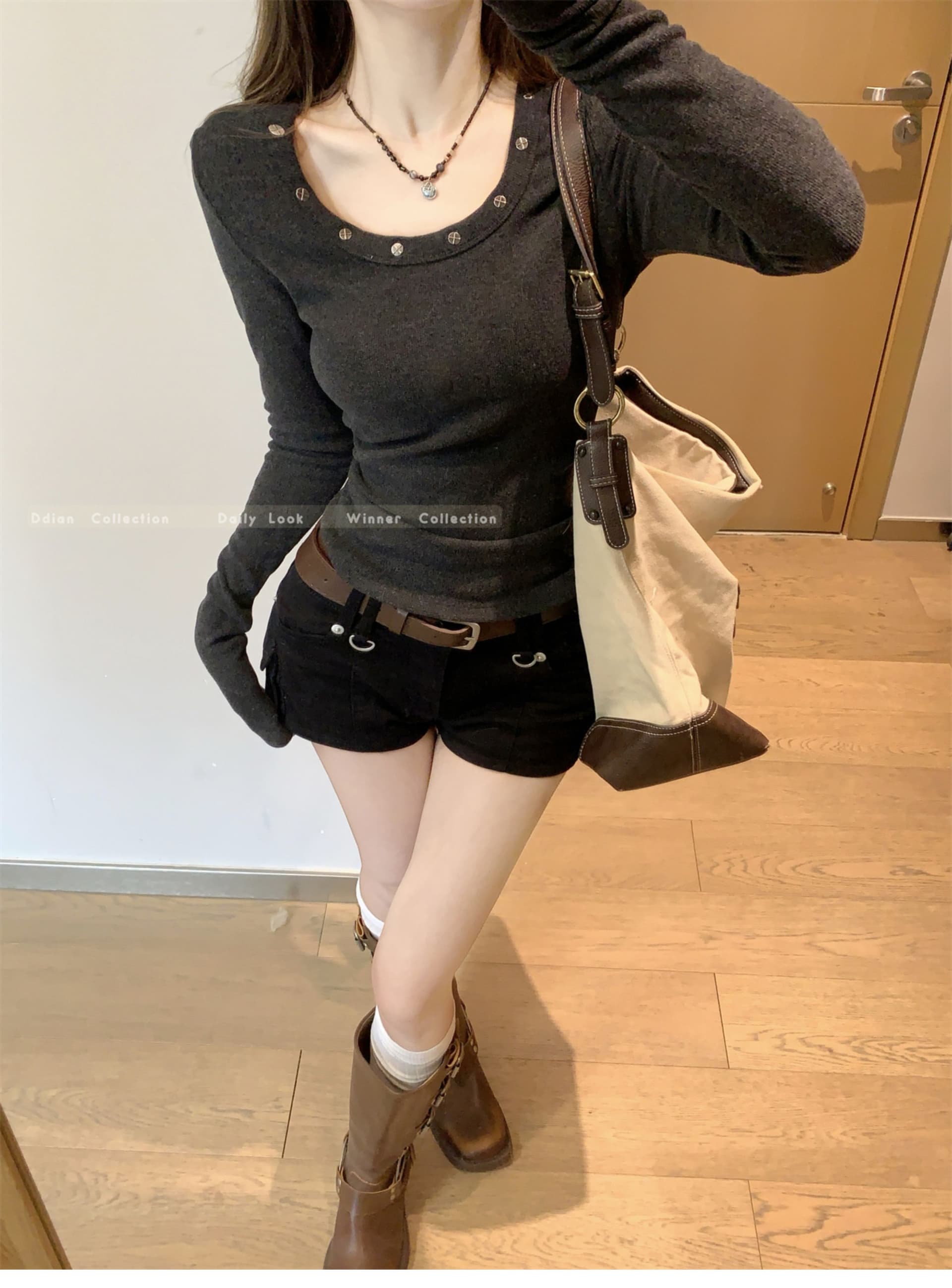 있음 선적 리브 De 플러시 낮음 라운드 넥 징 디자인 양모 기본 셔츠 여성 가을 몸매 가꾸기 슬림해 보이는 긴팔 맨위 상세 이미지 14
