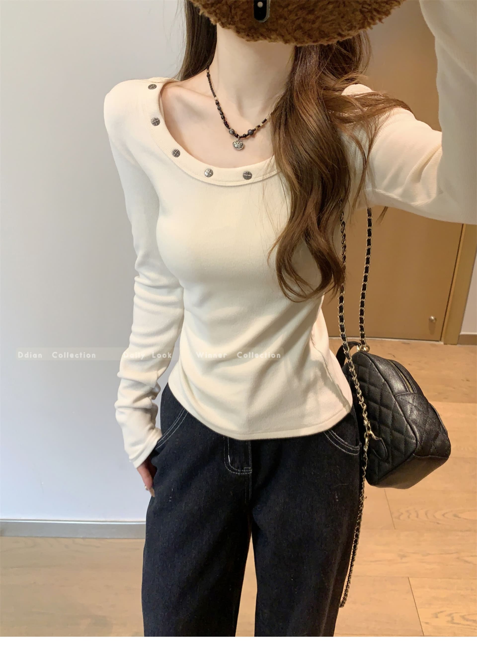 있음 선적 리브 De 플러시 낮음 라운드 넥 징 디자인 양모 기본 셔츠 여성 가을 몸매 가꾸기 슬림해 보이는 긴팔 맨위 상세 이미지 15