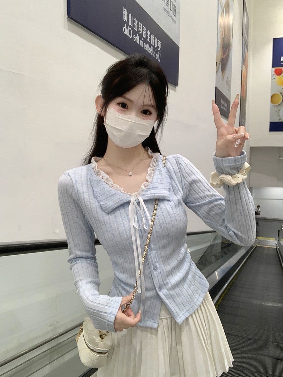 있음 선적 눈꽃 기사 연삭 털 순수한 욕망 레이스 페이크 레이어드 긴팔 티셔츠 여성 가을 기본 셔츠 쇼트 스타일 맨위 상세 이미지 5