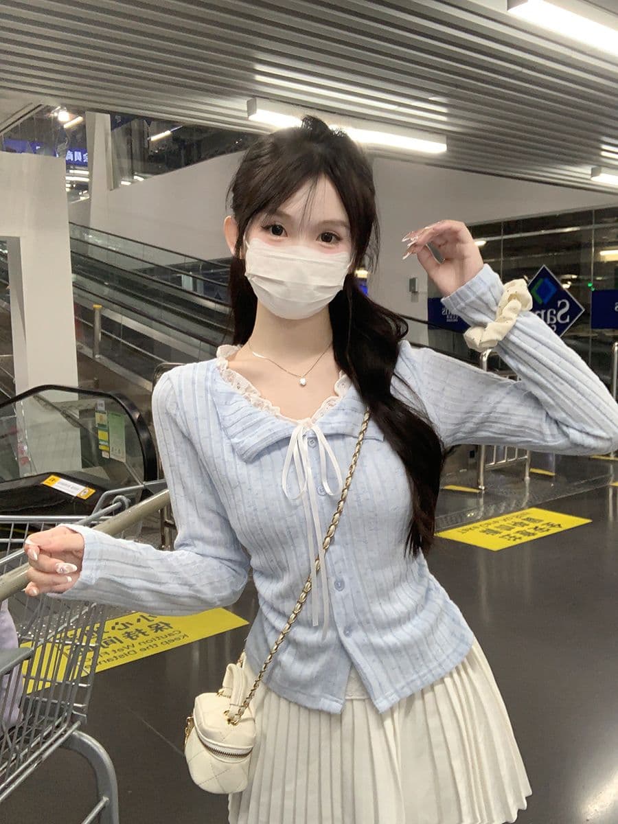 있음 선적 눈꽃 기사 연삭 털 순수한 욕망 레이스 페이크 레이어드 긴팔 티셔츠 여성 가을 기본 셔츠 쇼트 스타일 맨위 상세 이미지 14