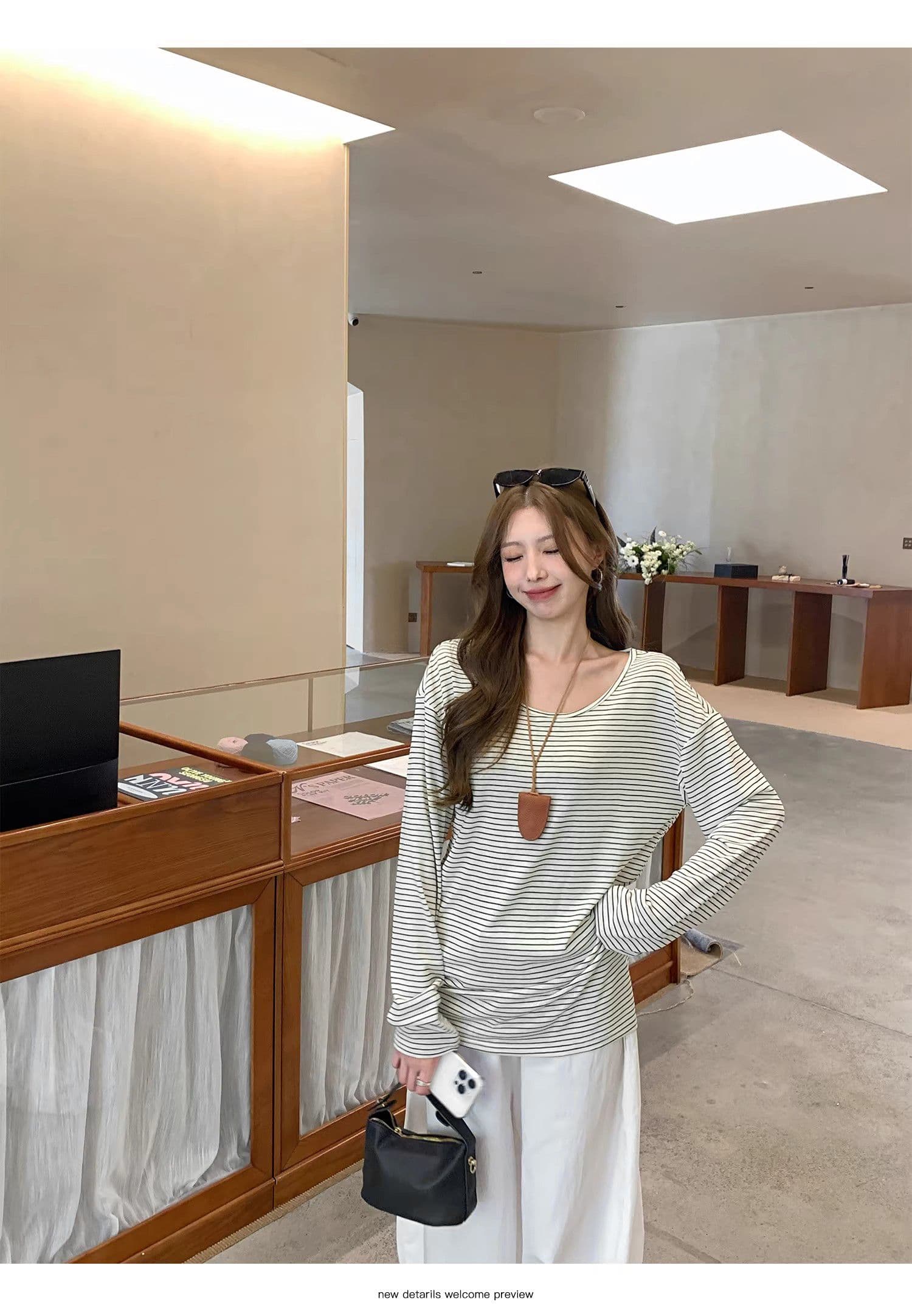 있음 선적 경관 그림 원본 것 한 부서 봄 디자인 센스 배색 스트라이프 긴팔 티셔츠 여성 상세 이미지 24