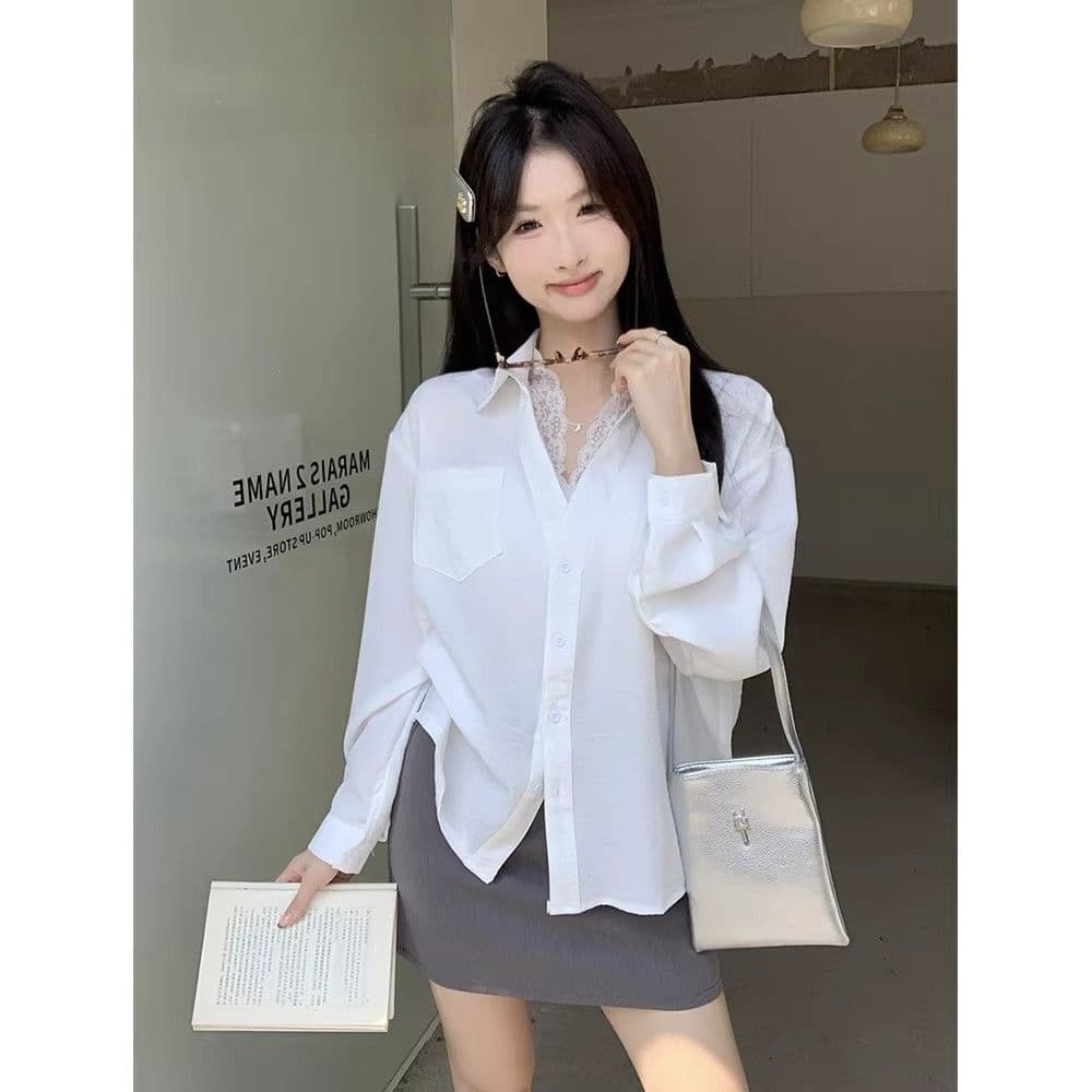 있음 선적 경관 그림 원본 품질 레이스 조각 페이크 레이어드 긴팔 셔츠 캐주얼 다용도 맨위 이미지 3