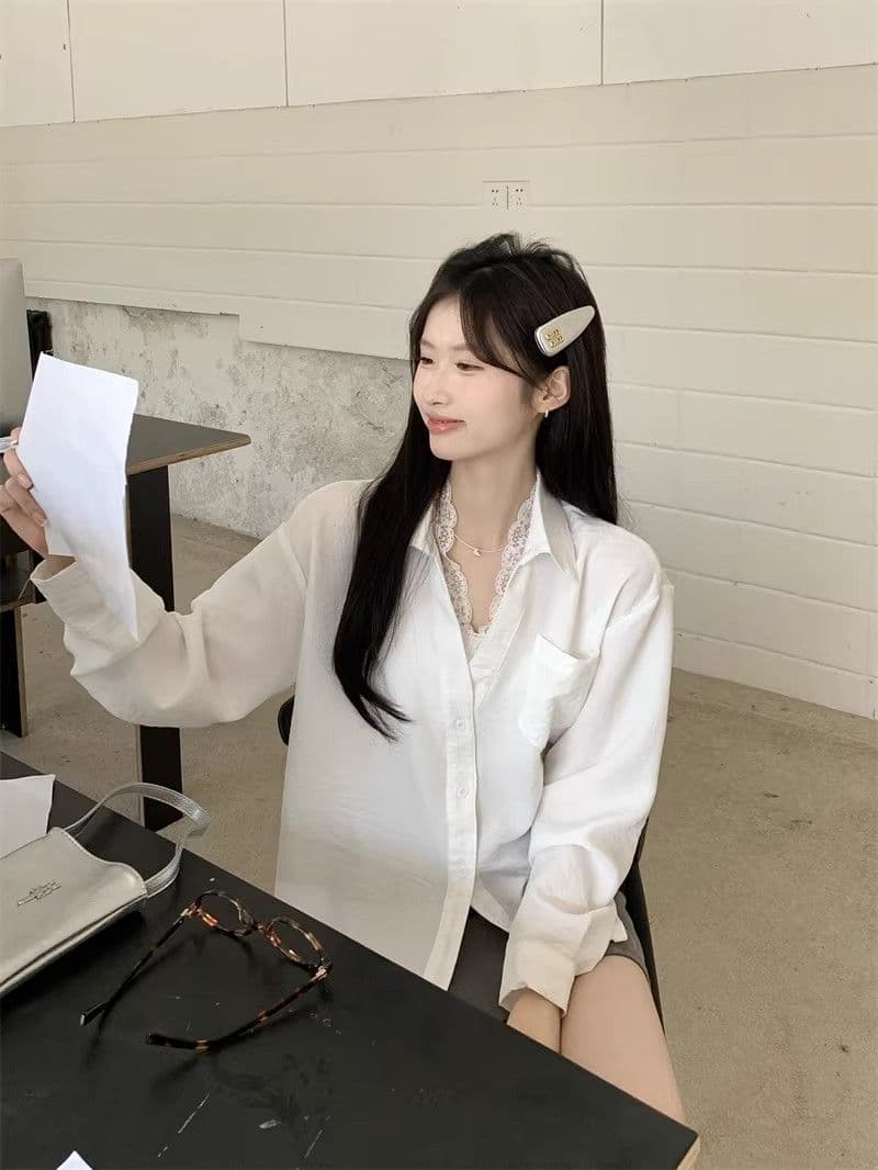 있음 선적 경관 그림 원본 품질 레이스 조각 페이크 레이어드 긴팔 셔츠 캐주얼 다용도 맨위 이미지 2