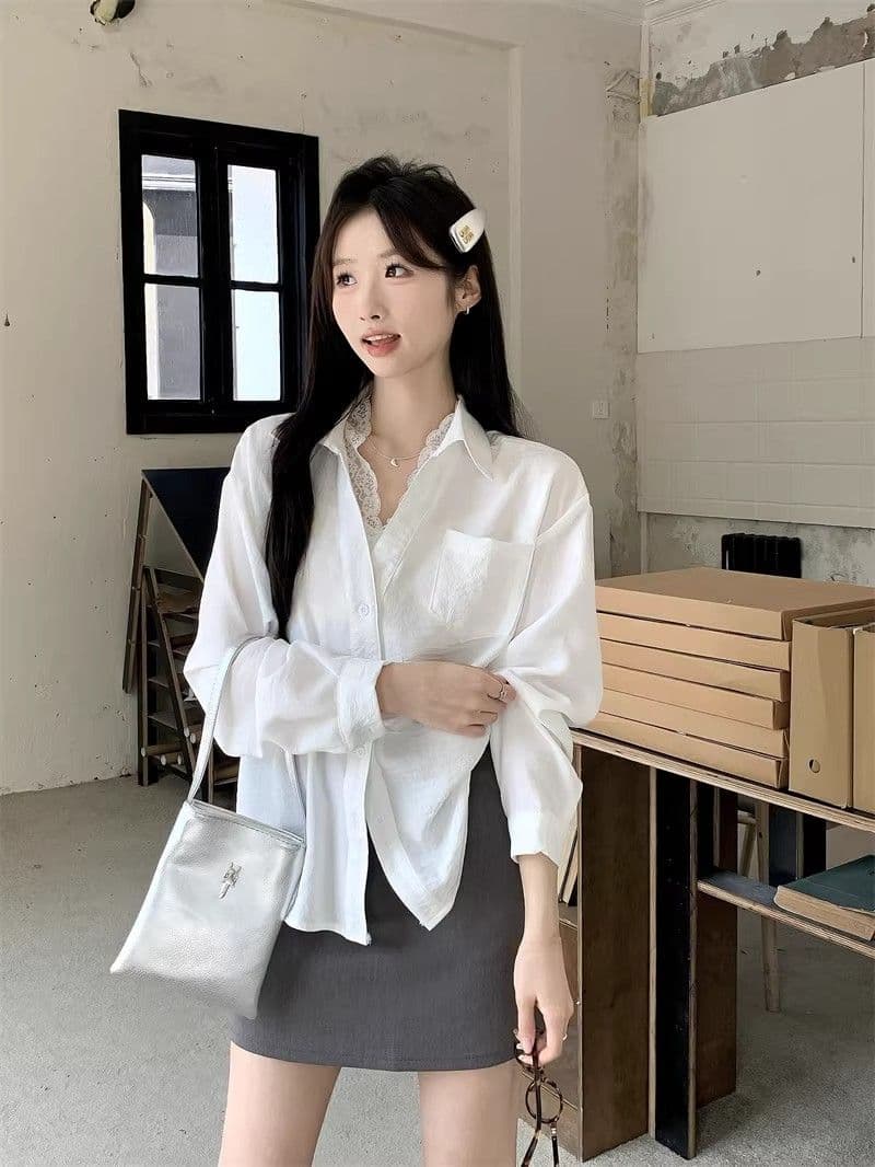 있음 선적 경관 그림 원본 품질 레이스 조각 페이크 레이어드 긴팔 셔츠 캐주얼 다용도 맨위