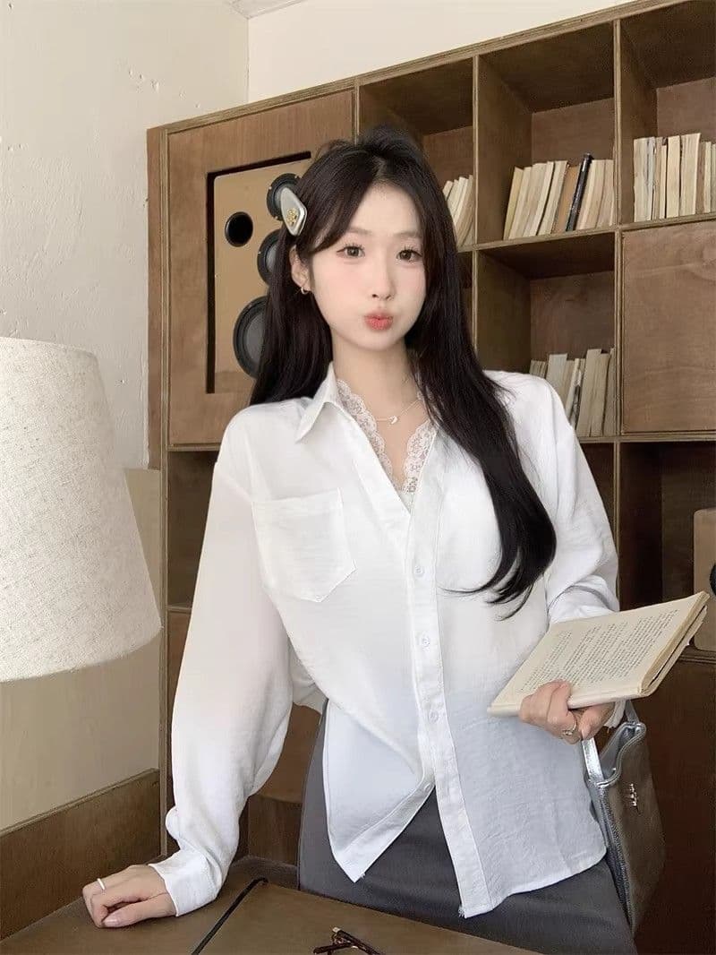 있음 선적 경관 그림 원본 품질 레이스 조각 페이크 레이어드 긴팔 셔츠 캐주얼 다용도 맨위 상세 이미지 7