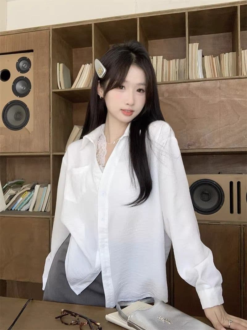 있음 선적 경관 그림 원본 품질 레이스 조각 페이크 레이어드 긴팔 셔츠 캐주얼 다용도 맨위 상세 이미지 8
