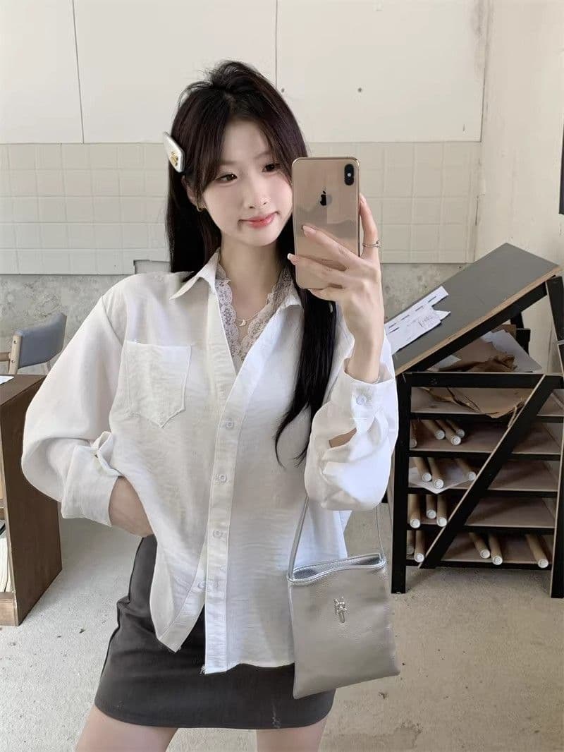 있음 선적 경관 그림 원본 품질 레이스 조각 페이크 레이어드 긴팔 셔츠 캐주얼 다용도 맨위 상세 이미지 9