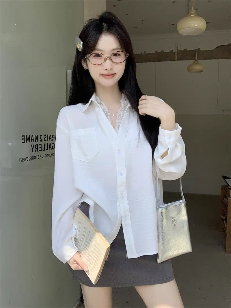 있음 선적 경관 그림 원본 품질 레이스 조각 페이크 레이어드 긴팔 셔츠 캐주얼 다용도 맨위 상세 이미지 11