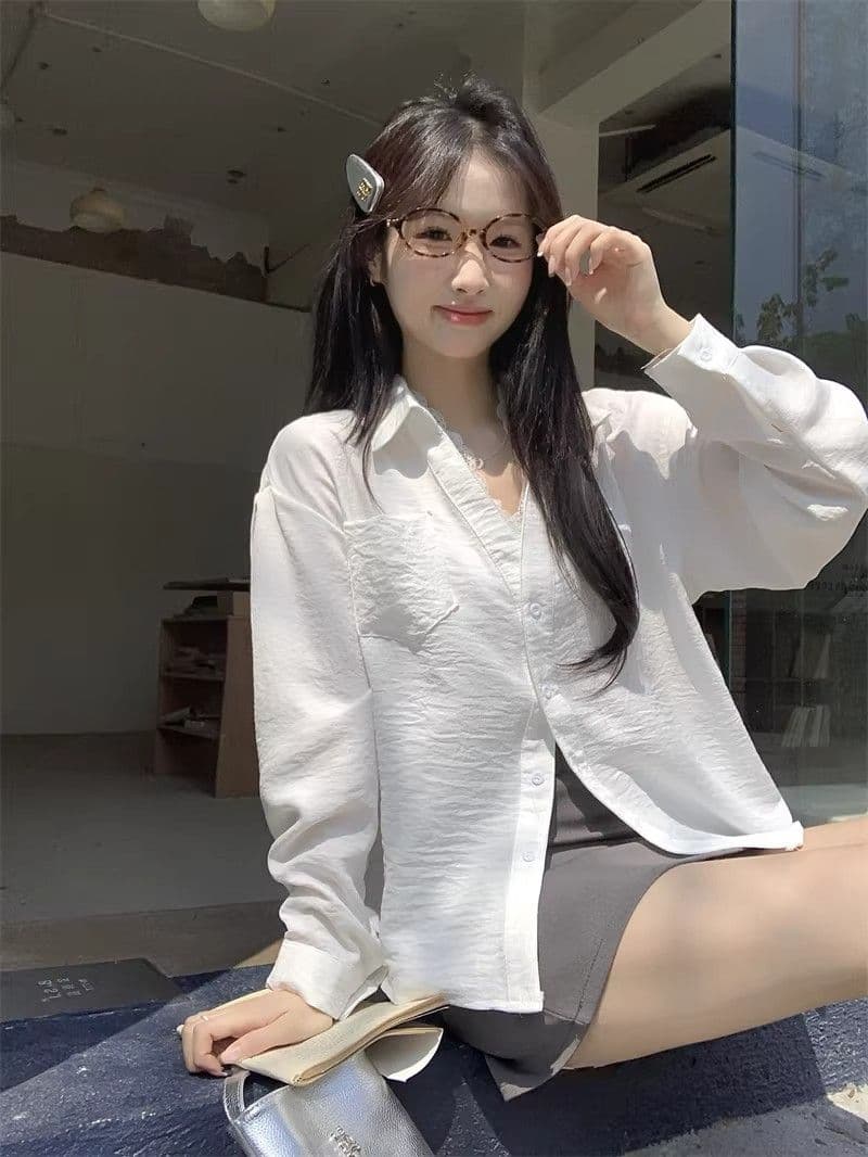 있음 선적 경관 그림 원본 품질 레이스 조각 페이크 레이어드 긴팔 셔츠 캐주얼 다용도 맨위 상세 이미지 12