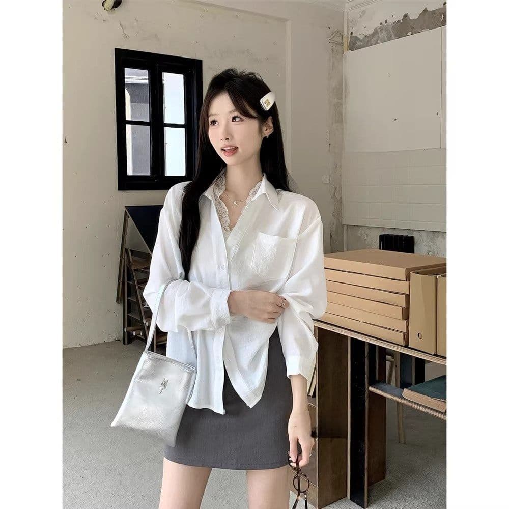 있음 선적 경관 그림 원본 품질 레이스 조각 페이크 레이어드 긴팔 셔츠 캐주얼 다용도 맨위 상세 이미지 13