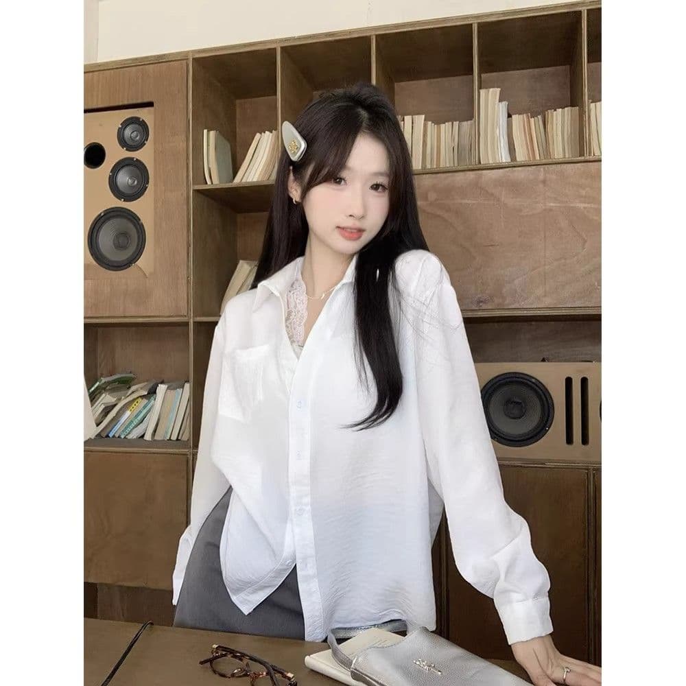 있음 선적 경관 그림 원본 품질 레이스 조각 페이크 레이어드 긴팔 셔츠 캐주얼 다용도 맨위 상세 이미지 15