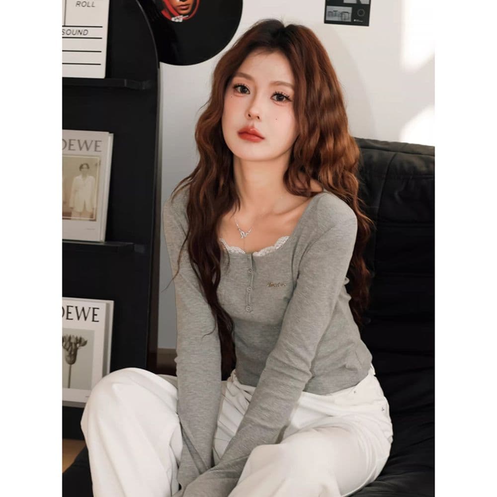 있음 선적 경관 그림 원본 품질 페이크 레이어드 광장 칼라 긴팔 티셔츠 몸매 가꾸기 쇼트 스타일 인사이드 가져 가라. 기본 셔츠