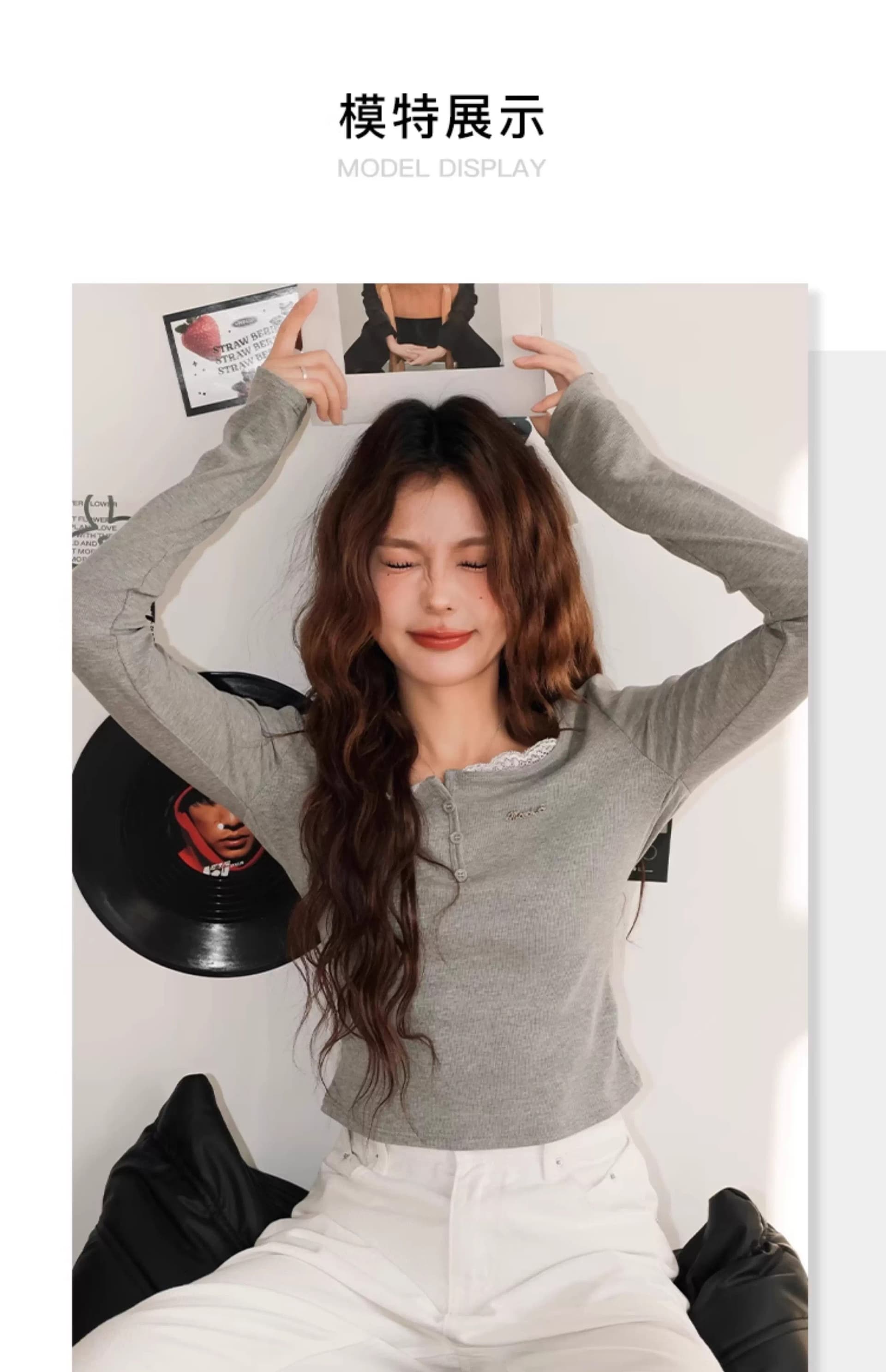 있음 선적 경관 그림 원본 품질 페이크 레이어드 광장 칼라 긴팔 티셔츠 몸매 가꾸기 쇼트 스타일 인사이드 가져 가라. 기본 셔츠 상세 이미지 6
