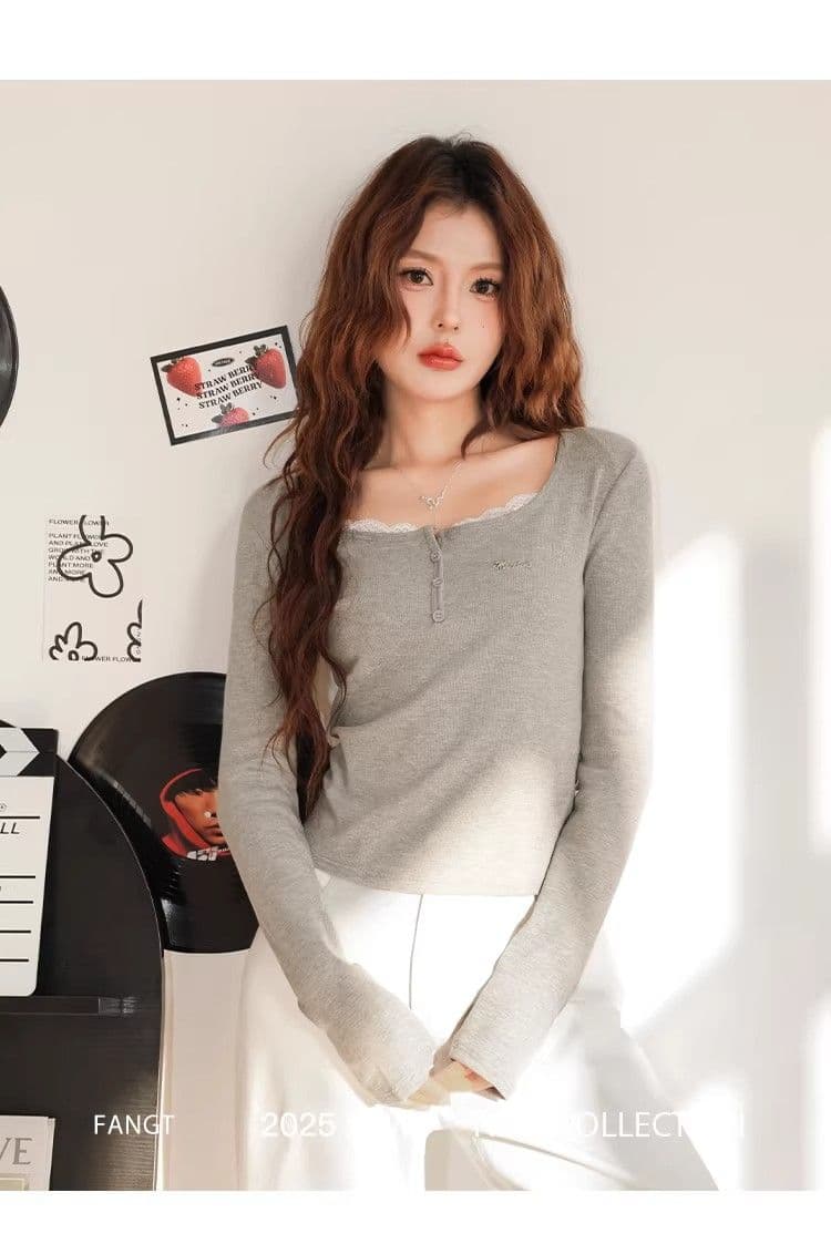 있음 선적 경관 그림 원본 품질 페이크 레이어드 광장 칼라 긴팔 티셔츠 몸매 가꾸기 쇼트 스타일 인사이드 가져 가라. 기본 셔츠 상세 이미지 10