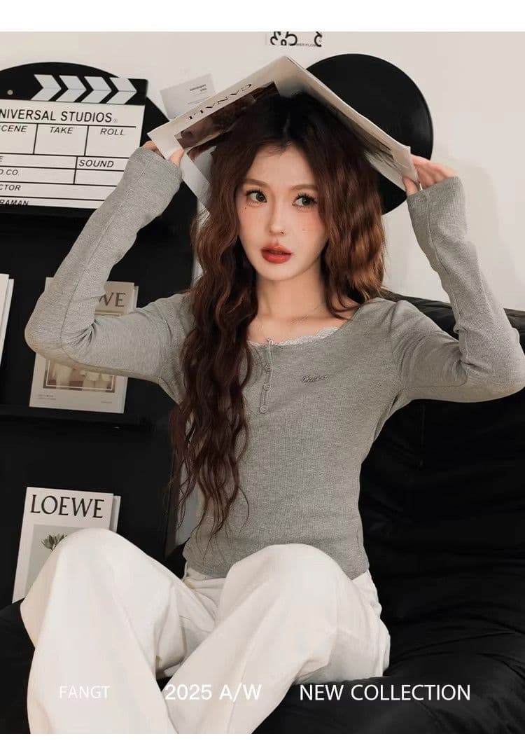 있음 선적 경관 그림 원본 품질 페이크 레이어드 광장 칼라 긴팔 티셔츠 몸매 가꾸기 쇼트 스타일 인사이드 가져 가라. 기본 셔츠 상세 이미지 12