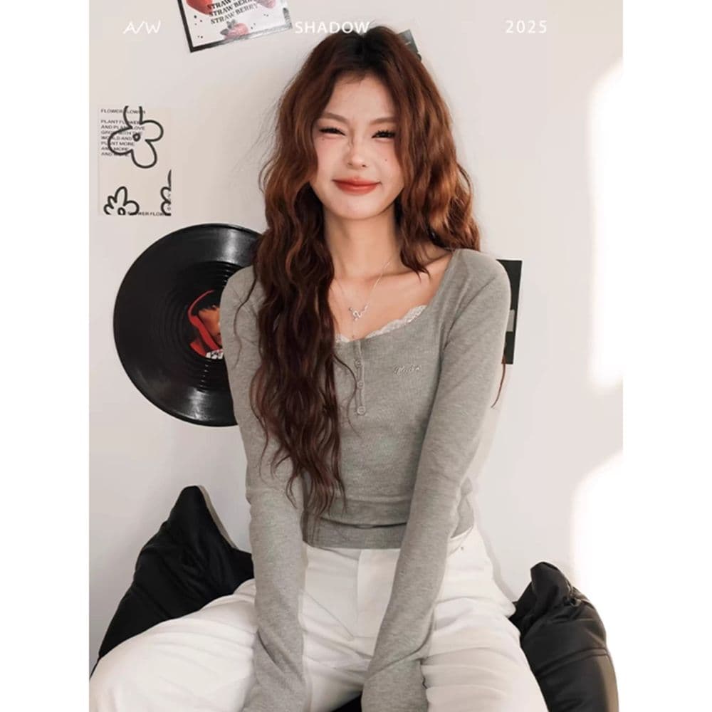 있음 선적 경관 그림 원본 품질 페이크 레이어드 광장 칼라 긴팔 티셔츠 몸매 가꾸기 쇼트 스타일 인사이드 가져 가라. 기본 셔츠 상세 이미지 16