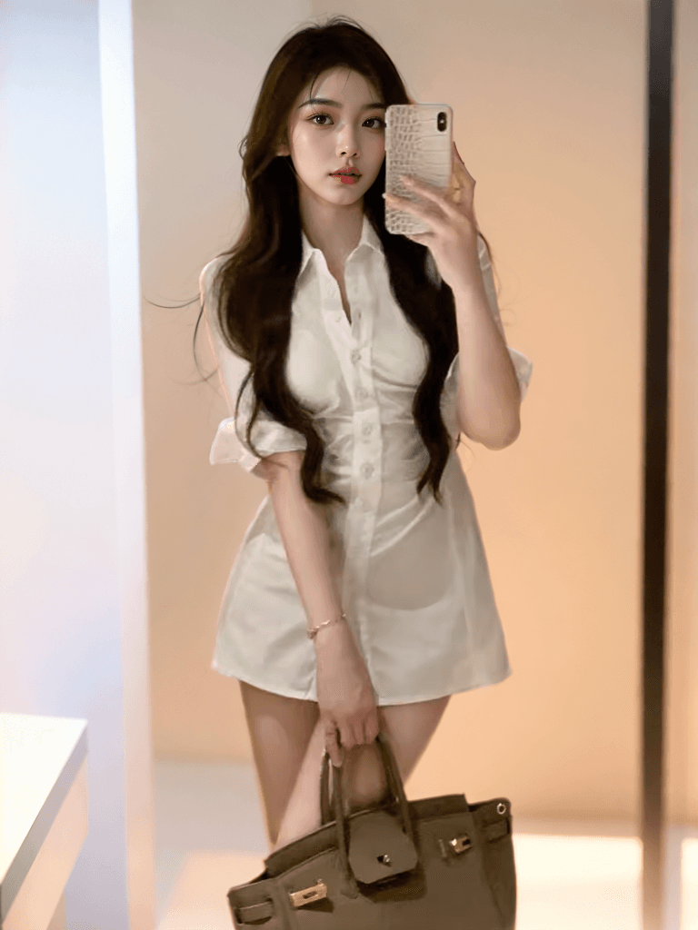 차가운 실크 코튼 디자인 센스 몸매 가꾸기 주름 폴로 칼라 섹시함 셔츠 드레스 여성 작은 대중 핫걸 허리 수축 드레스 상세 이미지 3