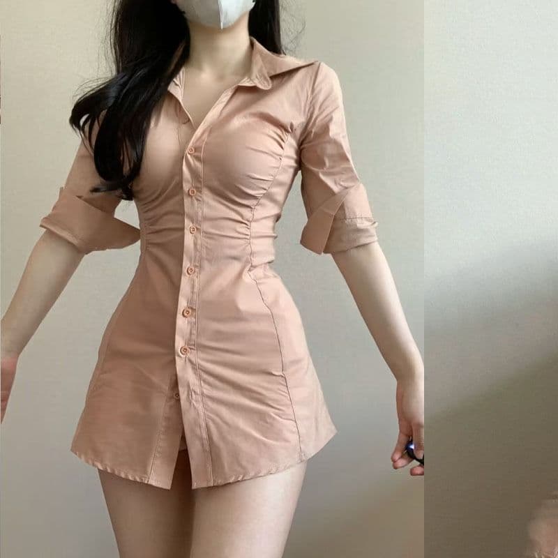 차가운 실크 코튼 디자인 센스 몸매 가꾸기 주름 폴로 칼라 섹시함 셔츠 드레스 여성 작은 대중 핫걸 허리 수축 드레스 상세 이미지 7