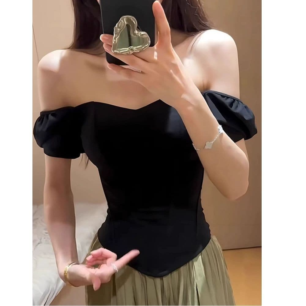 있음 선적 사람들 면 빈 가스 층 생선뼈 허리 수축 반팔 티셔츠 여성 여름 디자인 센스 몸매 가꾸기 오프숄더 맨위 이미지 2