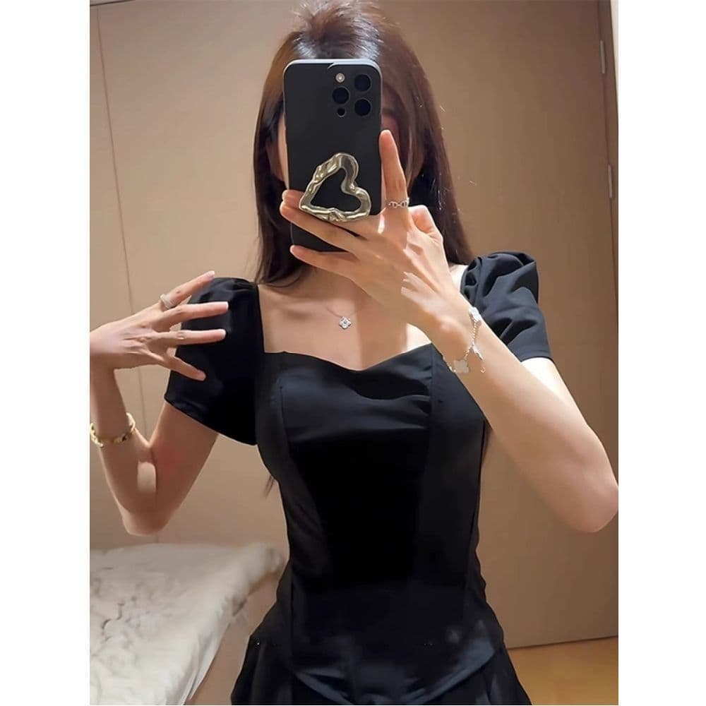 있음 선적 사람들 면 빈 가스 층 생선뼈 허리 수축 반팔 티셔츠 여성 여름 디자인 센스 몸매 가꾸기 오프숄더 맨위 이미지 4