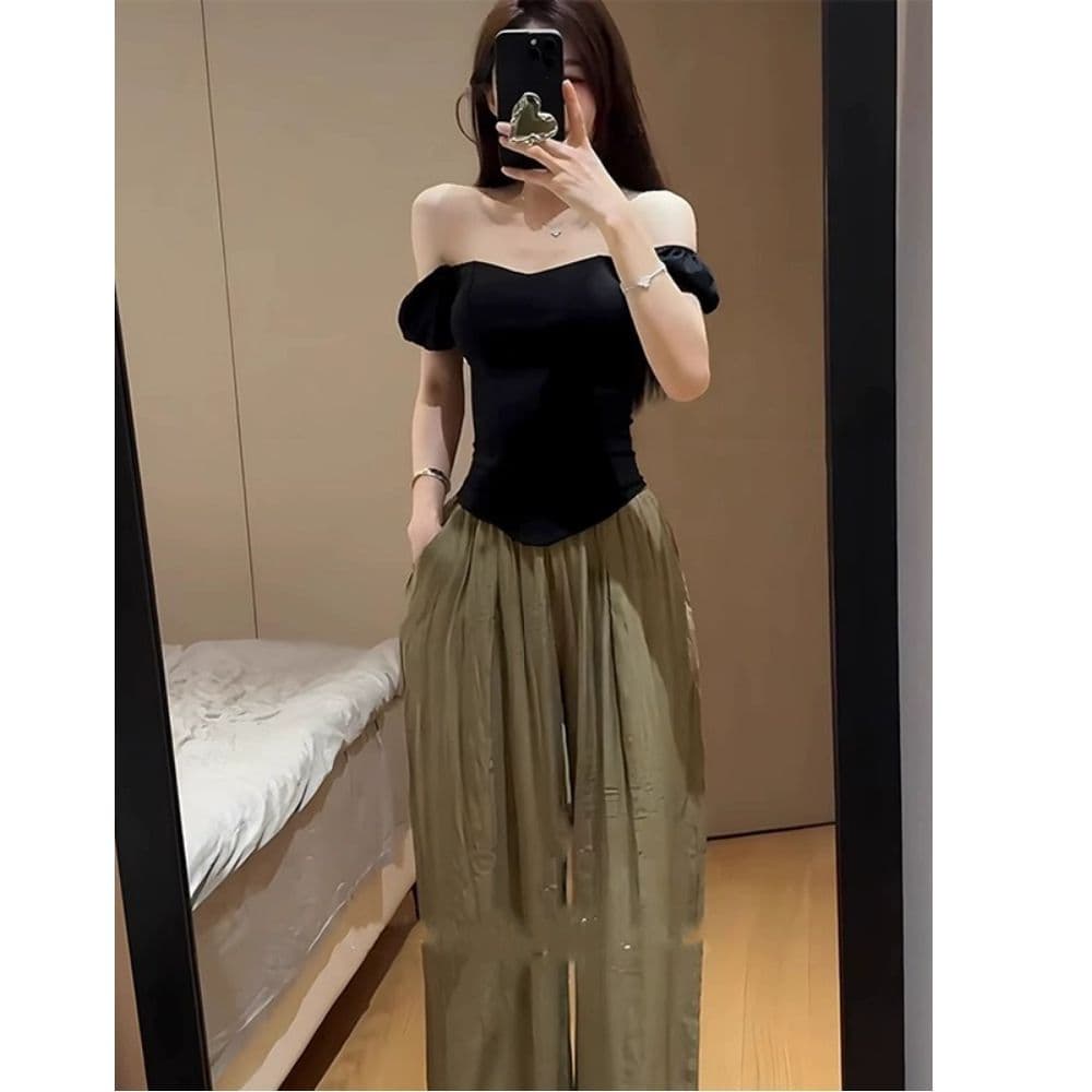 있음 선적 사람들 면 빈 가스 층 생선뼈 허리 수축 반팔 티셔츠 여성 여름 디자인 센스 몸매 가꾸기 오프숄더 맨위 이미지 3
