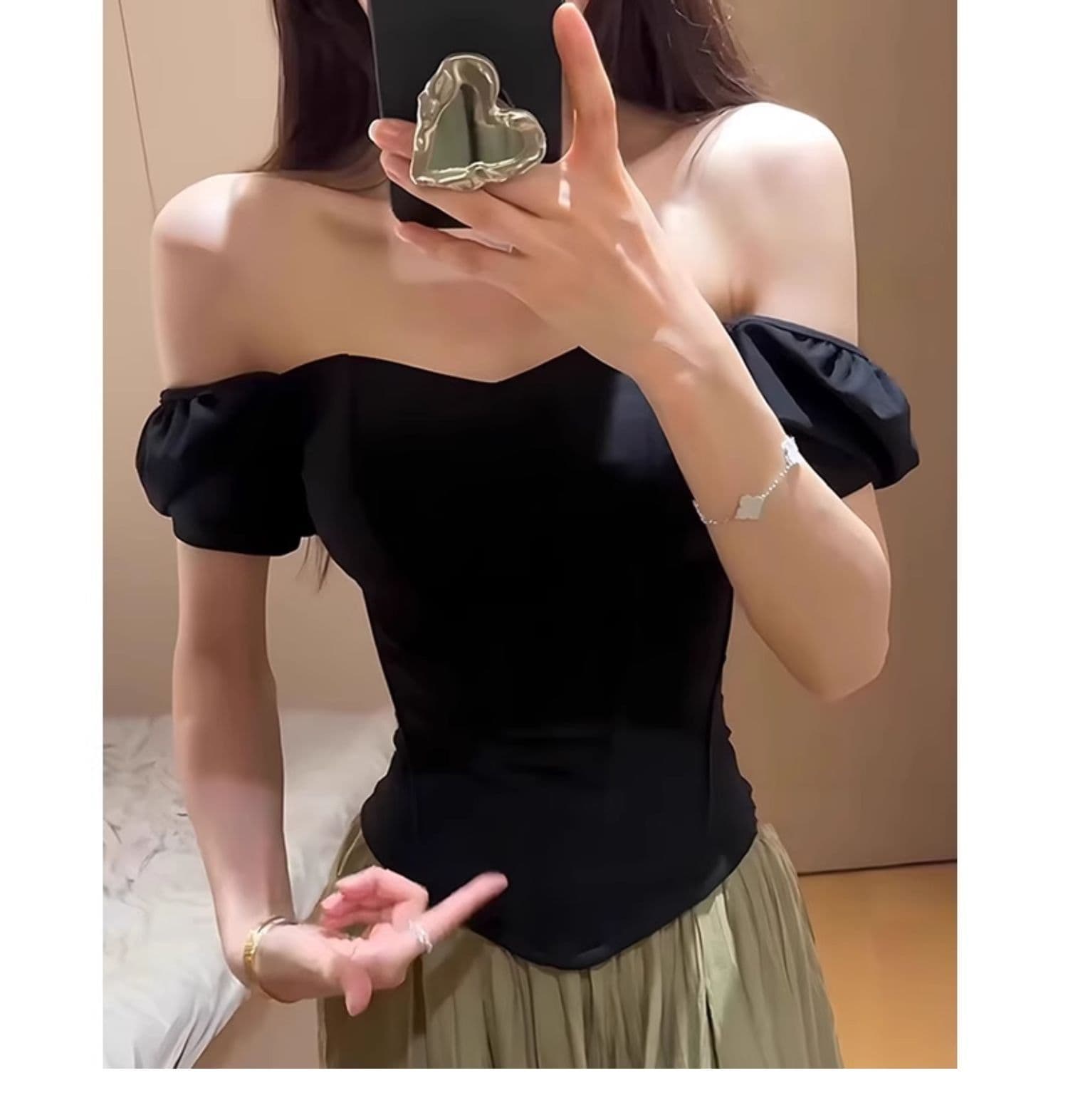 있음 선적 사람들 면 빈 가스 층 생선뼈 허리 수축 반팔 티셔츠 여성 여름 디자인 센스 몸매 가꾸기 오프숄더 맨위 상세 이미지 4