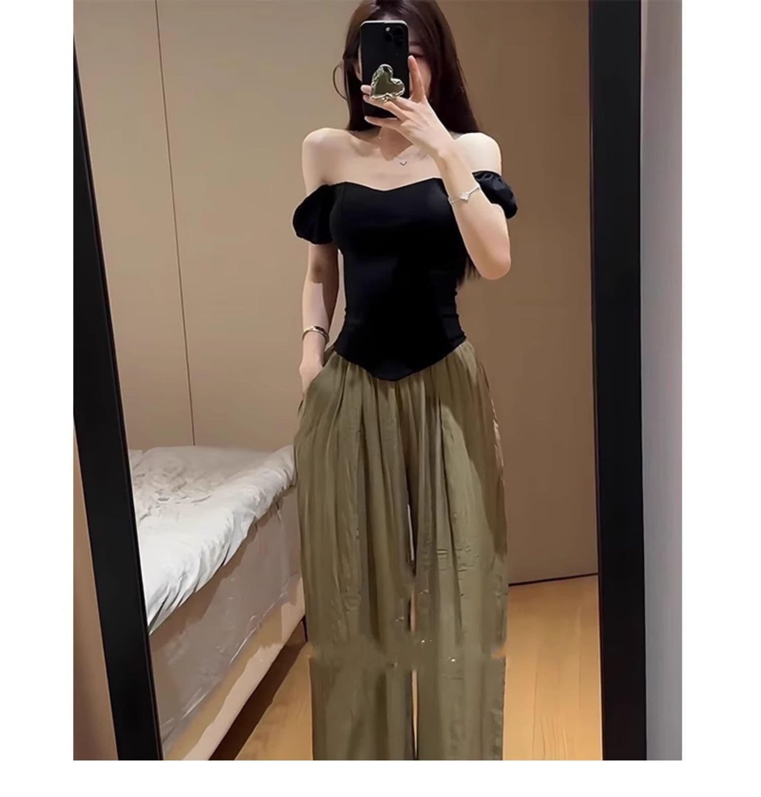 있음 선적 사람들 면 빈 가스 층 생선뼈 허리 수축 반팔 티셔츠 여성 여름 디자인 센스 몸매 가꾸기 오프숄더 맨위 상세 이미지 10