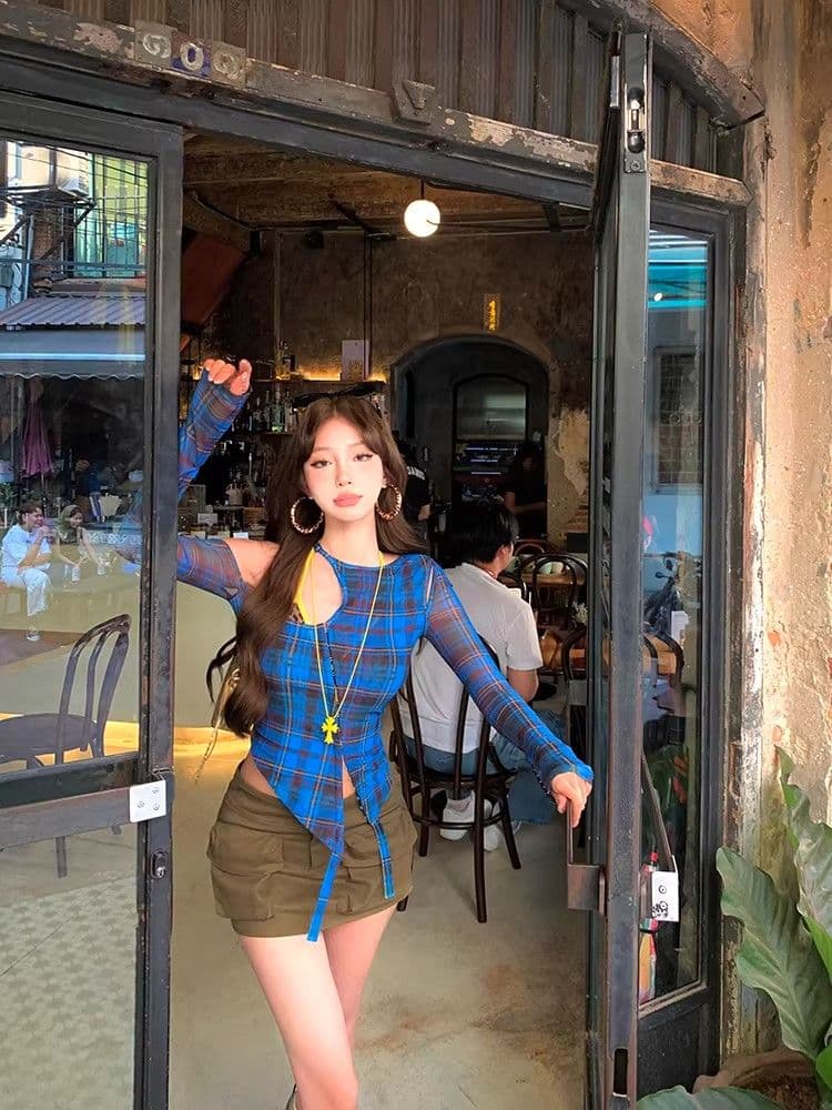 있음 선적 경관 그림 원본 것 파란색 체크무늬 불규칙 오프숄더 티셔츠 여성 몸매 가꾸기 긴팔 맨위 상세 이미지 12