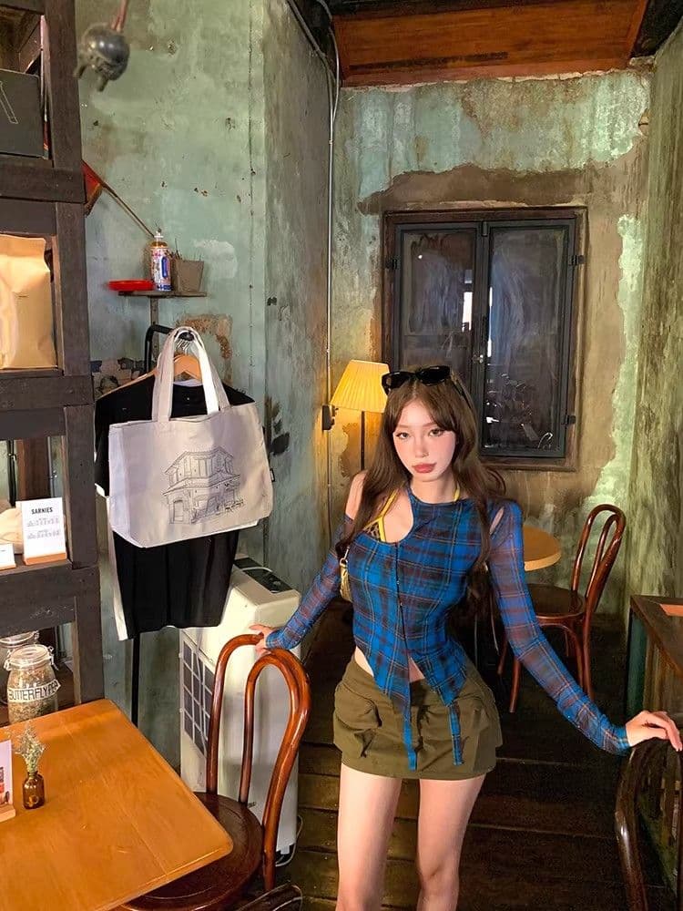있음 선적 경관 그림 원본 것 파란색 체크무늬 불규칙 오프숄더 티셔츠 여성 몸매 가꾸기 긴팔 맨위 상세 이미지 22