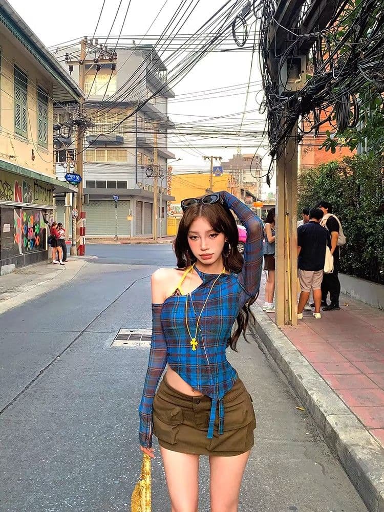 있음 선적 경관 그림 원본 것 파란색 체크무늬 불규칙 오프숄더 티셔츠 여성 몸매 가꾸기 긴팔 맨위 상세 이미지 25