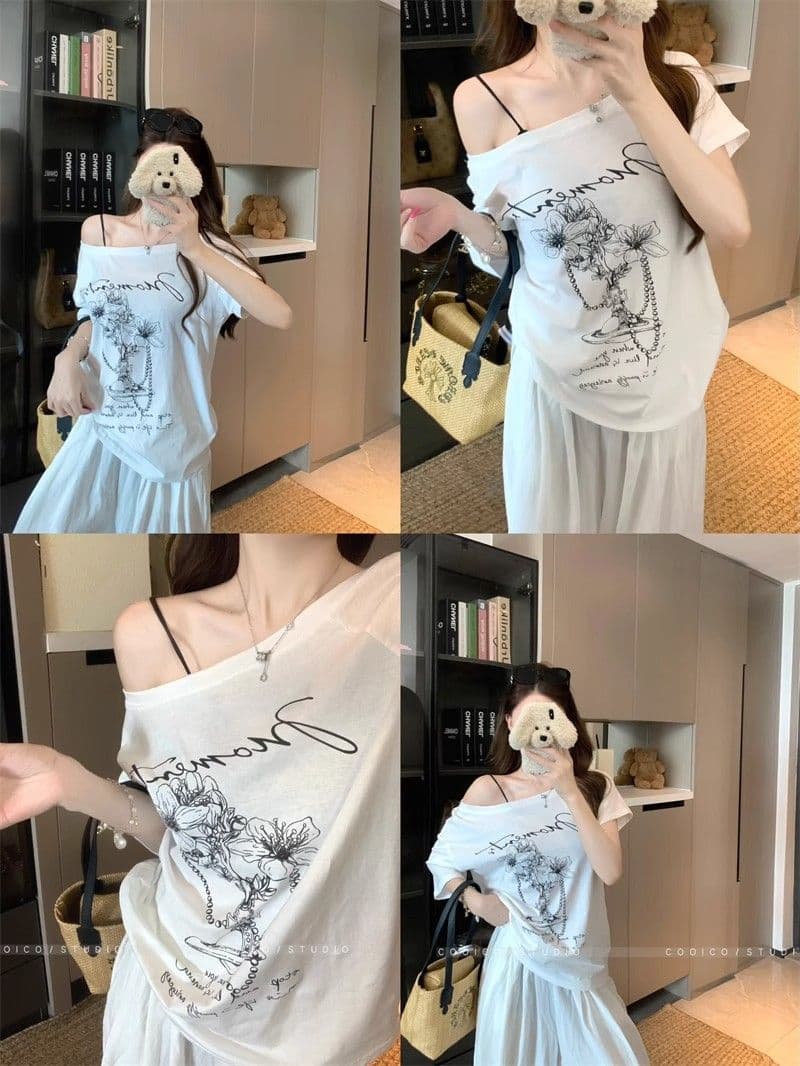 있음 선적 경관 그림 원본 품질 느긋한 바람 화이트 프린트 비스듬한 어깨 반팔 티셔츠 여성 상세 이미지 9