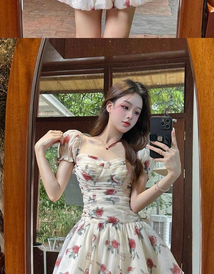 있음 선적 장미 꽃무늬 반팔 한 마디 여성 드레스 여름 새로운 거품 소매 고급 센스 퍼프 미니 스커트 상세 이미지 4