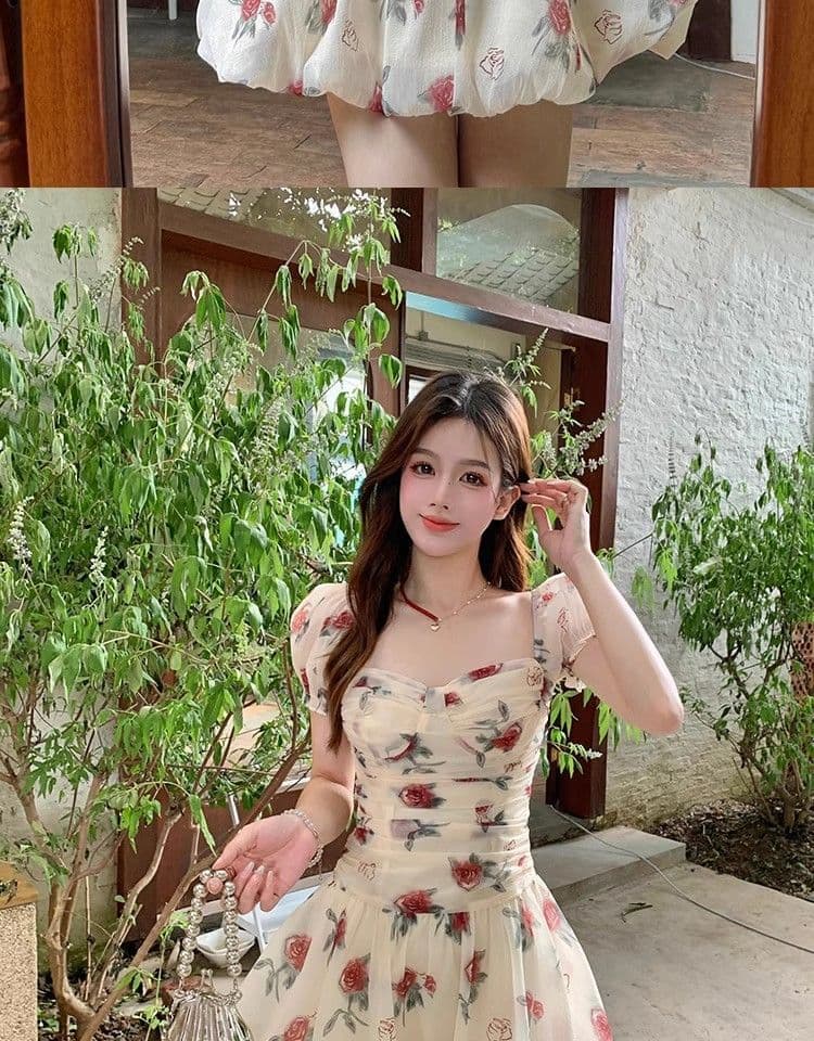 있음 선적 장미 꽃무늬 반팔 한 마디 여성 드레스 여름 새로운 거품 소매 고급 센스 퍼프 미니 스커트 상세 이미지 5