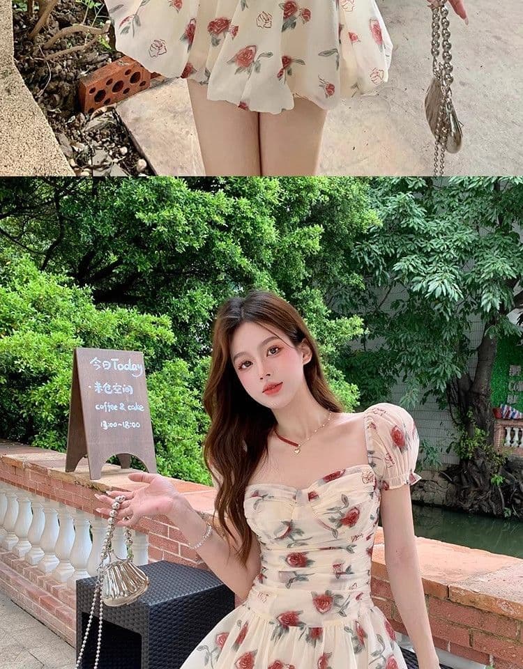 있음 선적 장미 꽃무늬 반팔 한 마디 여성 드레스 여름 새로운 거품 소매 고급 센스 퍼프 미니 스커트 상세 이미지 7