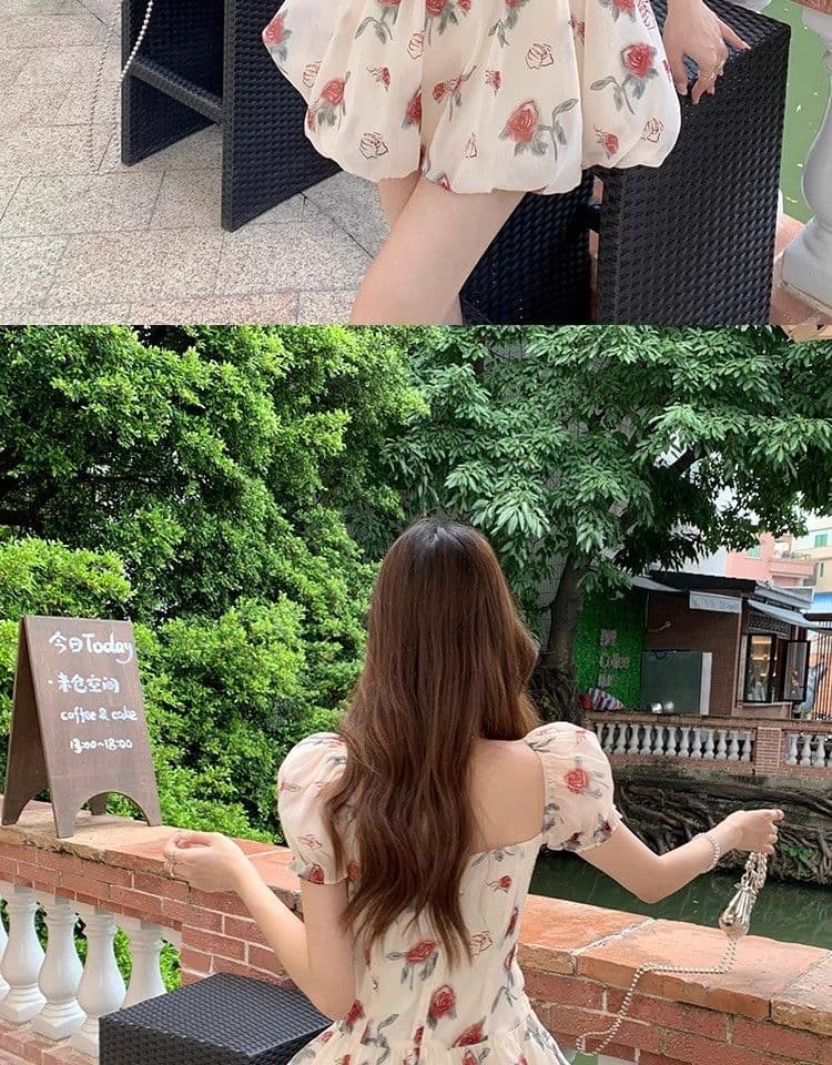 있음 선적 장미 꽃무늬 반팔 한 마디 여성 드레스 여름 새로운 거품 소매 고급 센스 퍼프 미니 스커트 상세 이미지 8