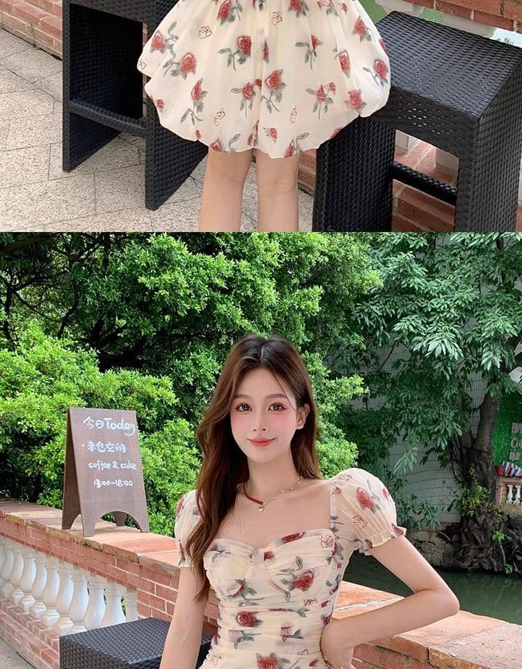 있음 선적 장미 꽃무늬 반팔 한 마디 여성 드레스 여름 새로운 거품 소매 고급 센스 퍼프 미니 스커트 상세 이미지 9