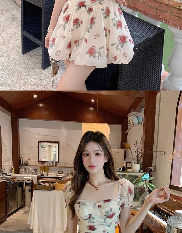 있음 선적 장미 꽃무늬 반팔 한 마디 여성 드레스 여름 새로운 거품 소매 고급 센스 퍼프 미니 스커트 상세 이미지 10