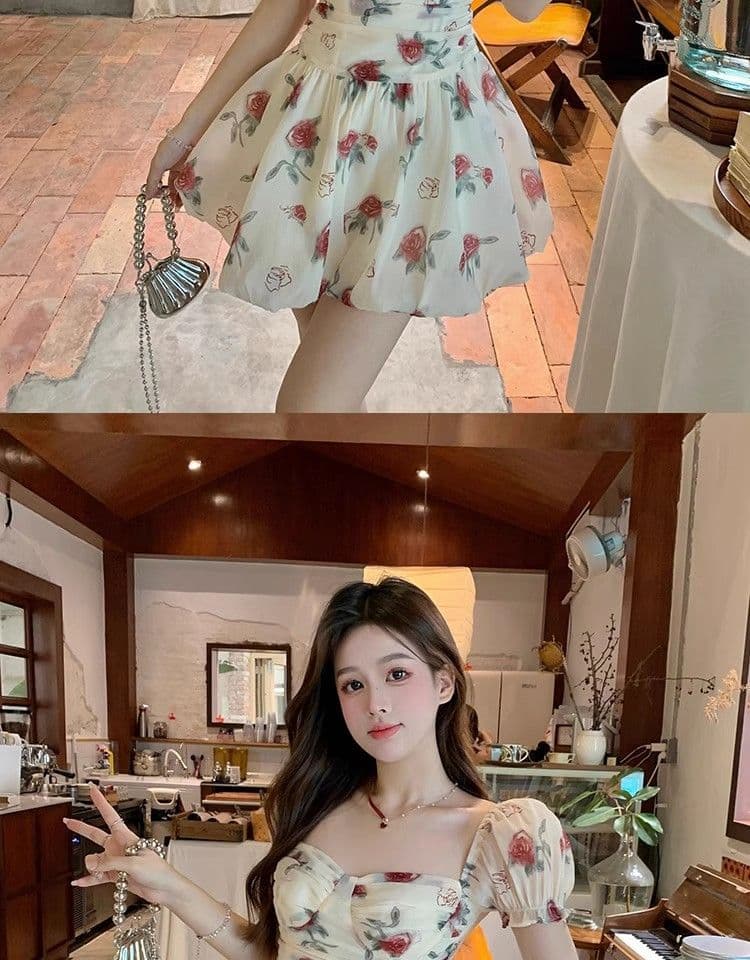 있음 선적 장미 꽃무늬 반팔 한 마디 여성 드레스 여름 새로운 거품 소매 고급 센스 퍼프 미니 스커트 상세 이미지 11
